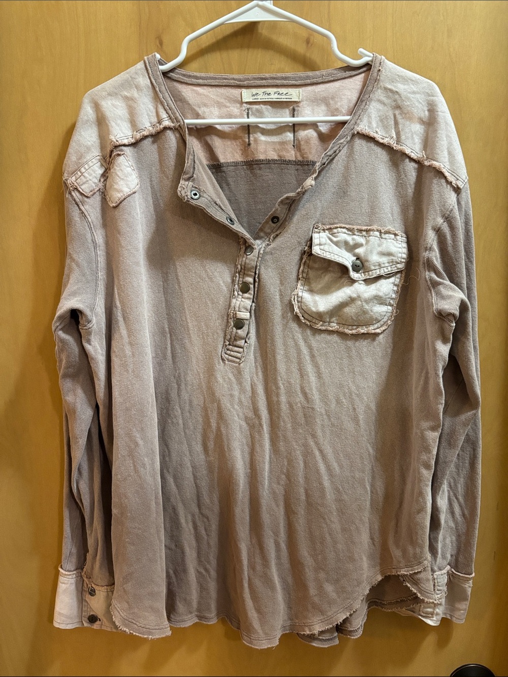 We The Free -  Long-Sleeve Washed Mauve Henley Distressed with Pocket!